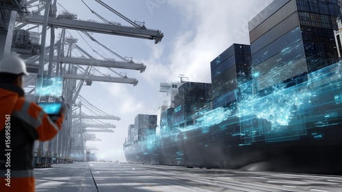 Futuristic Shipping Port with Digital Overlay and Cargo Containers Being Monitored