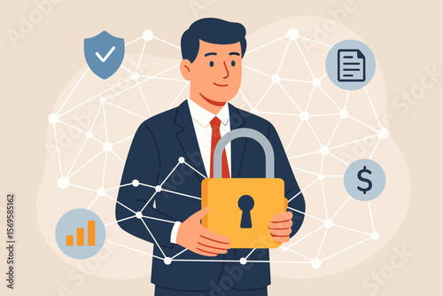 Cybersecurity and data protection concept. Businessman holds padlock to protect corporate business and financial data. Information privacy, virtual network safety, vector.