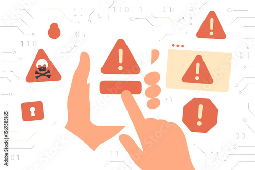Cyber attack and security alert concept. Network failure, data breach, malware, virus, spam danger. Hand using phone with system error notification. Hacking and phishing warning.