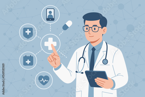 Digital healthcare concept with doctor using tablet. Telemedicine, online medical services, and virtual consultation. Health tech innovation with network and UI medical icons.