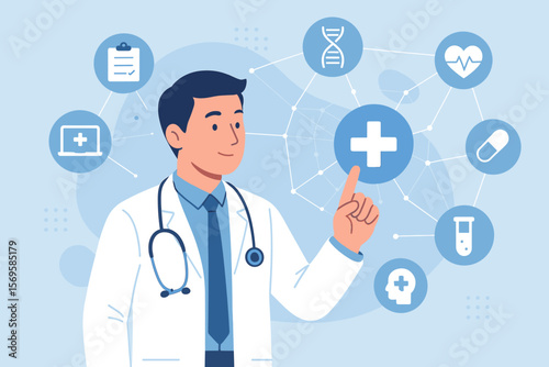 Digital healthcare concept. Doctor interacts with medical icon network. Telemedicine, online consultation, health tech innovation. Futuristic medical service and science vector.