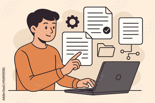 Document management system concept. Man at laptop managing electronic documents. Digital data organization, workflow process automation, online archive, and file storage. Vector.