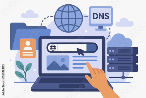 DNS domain name system and web server network concept. Domain registration, website URL address, and hosting for website creation. User searching internet on a laptop computer.