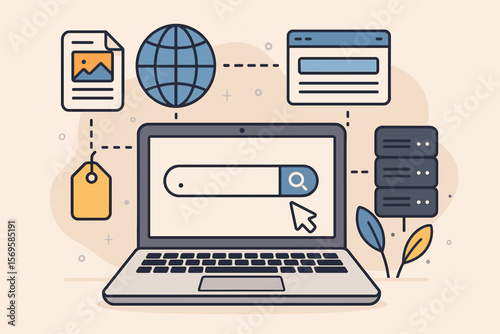 DNS domain name system and web server network concept with domain registration, website name, URL address, web page hosting, and website creation search interface