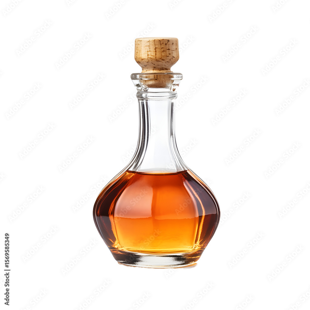 Elegant glass decanter filled with amber colored liquid and sealed with a natural cork stopper isolated on transparent background Elegant glass decanter filled with amber colored liquid and sealed with a natural cork stopper isolated on transparent background