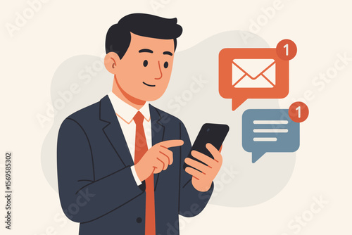Businessman getting new message notifications on a smartphone. Unread email and chat alert concept. Man checking mobile application for inbox messages. Flat vector illustration.
