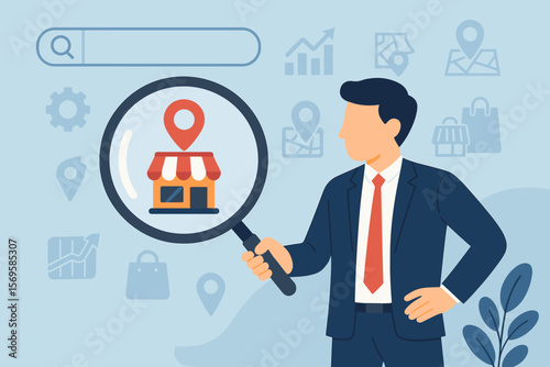 Local SEO strategy and search optimization concept. Businessman with magnifying glass focusing on a local business, store, or shop. E-commerce and retail location marketing.