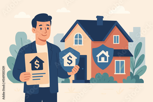 Real estate agent presents a mortgage loan contract and home insurance shield. Property protection, home buying, and real estate business concept. Modern flat vector cartoon.