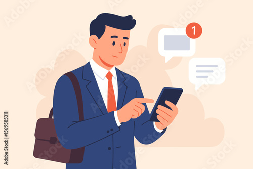 Businessman using smartphone with unread message notification alert, email and chat message icons, modern flat vector cartoon illustration of mobile communication and digital messaging