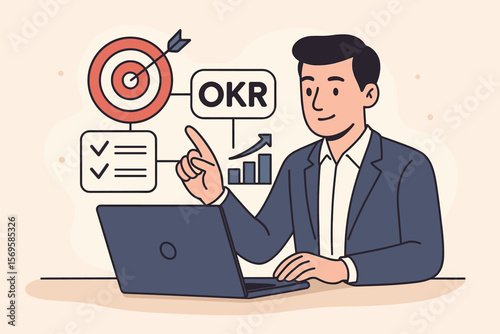 OKR Objectives and Key Results business concept. Businessman with laptop planning company strategy. Goal setting, performance tracking and measuring progress for growth success.