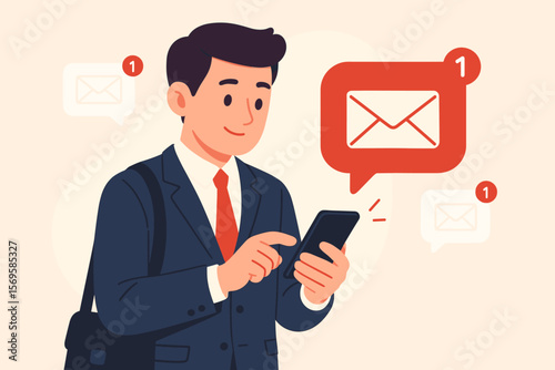 Notification alert concept with businessman using smartphone. Man receiving new email, unread message in app. Inbox alert, online communication. Modern flat vector cartoon.