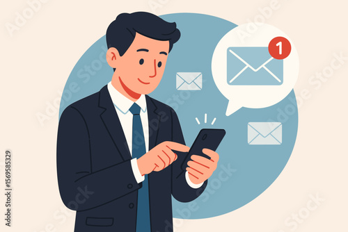 Notification alert concept with unread email. Businessman using smartphone checks new messages on application. Corporate communication, inbox with one new message. Flat vector.