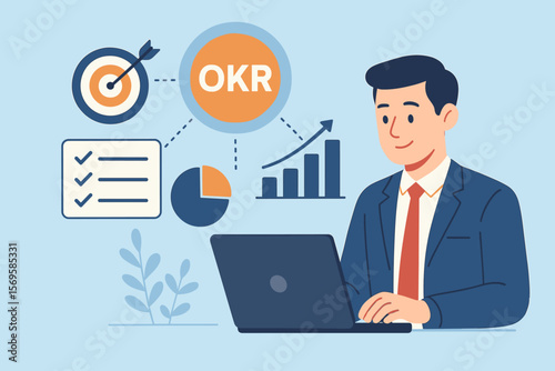 OKR Objectives and Key Results concept. Businessman using laptop for goal setting, company strategy, performance tracking and measuring success. Business management framework.