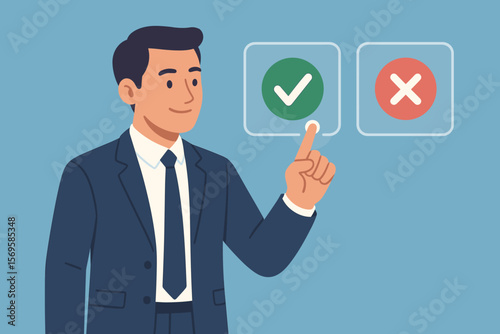 Businessman selects approve on a virtual screen. Option to approve or reject for document approval, project assessment, evaluation, acceptance, and quality assurance concept.