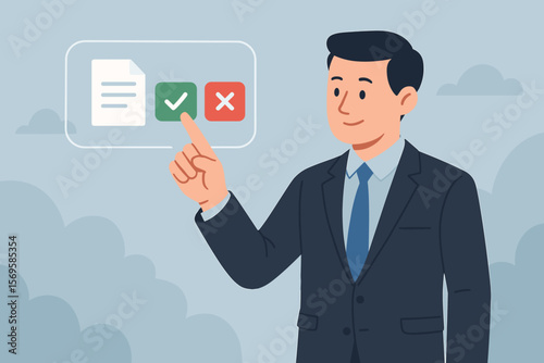 Businessman selecting approve or reject on digital interface. Document approval, project assessment, evaluation, quality assurance, decision making, workflow management concept