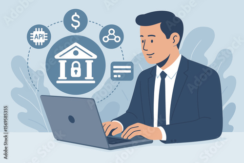 Open banking financial technology fintech concept. Businessman with laptop using virtual interface with API, bank, money and sharing icons. Digital economy and finance vector.