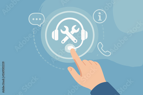 Hand Touching Virtual Support Icon, Technical Assistance, Customer Service Helpdesk, Call Center Communication, Online Help, Modern Flat Vector Illustration, Blue Background
