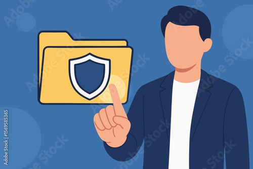 Businessman touching secure folder icon with shield symbol on virtual screen. Data protection, cybersecurity, privacy, digital file safety, information security concept illustration.