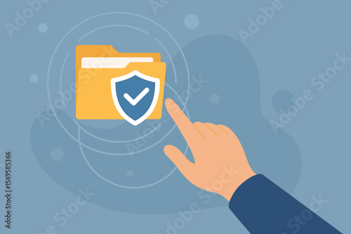 Data protection concept. Hand touching secure folder icon with shield and checkmark. Cyber security, privacy, information safety, digital file access, secure storage, flat vector illustration