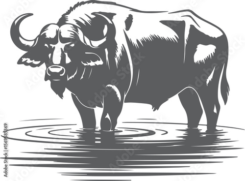 Grey Silhouette of a Cape Buffalo Standing in Water Ripples Grey Scale Animal Illustration Wildlife Graphic Design