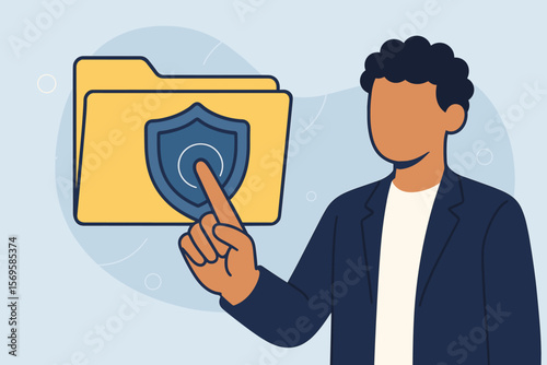 Cybersecurity data protection concept. Businessman touching secure folder icon with shield on virtual screen. Information privacy, safe file access, digital security illustration