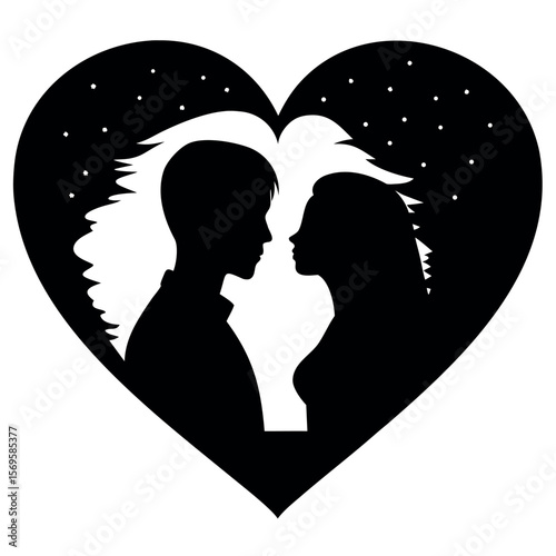 Silhouette of a couple gazing at each other within a heart shape