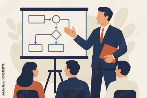 Business workflow presentation, project planning process, procedure sequence, step-by-step company policy, leader explaining business outline, teamwork, corporate training