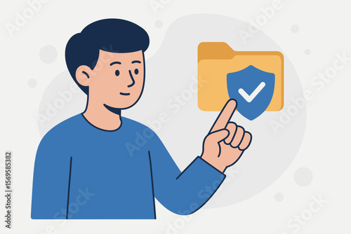 Data security concept. Person pointing at secure folder icon with shield and checkmark. Cyber protection, privacy, information safety, digital access control, flat vector illustration.