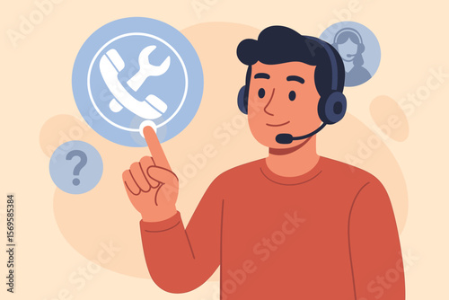 Customer support representative with headset touching virtual help icon, technical support service, call center assistance, online customer care, troubleshooting concept, flat vector