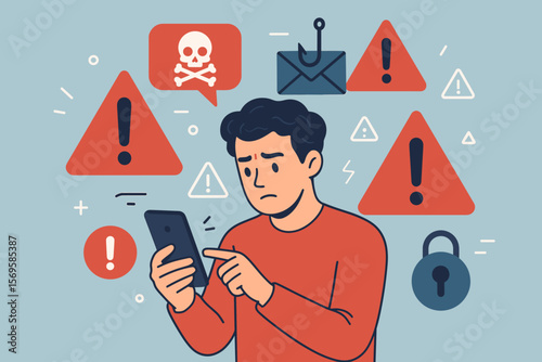 Phishing scam alert smartphone concept. Person receiving suspicious email, cyber threat, warning icons, exclamation marks, lock, skull, digital security, online fraud risk