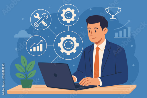 Business process management, workflow optimization, operations strategy, industry success, growth, profit. Businessman with laptop, analytics, gear, tools, trophy icons