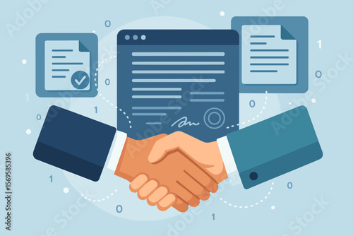 Digital procurement handshake with business contract, document icons, and technology interface. B2B, supply chain, enterprise resource management, partnership, agreement concept