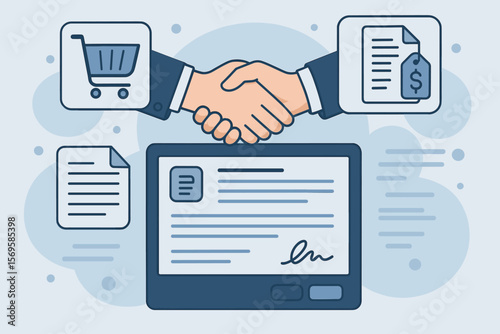 Digital procurement handshake, electronic contract signing, business agreement, B2B supply chain management, e-signature, online document workflow, enterprise resource planning
