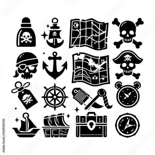Collection of pirate themed icons featuring skull and crossbones maps and ships