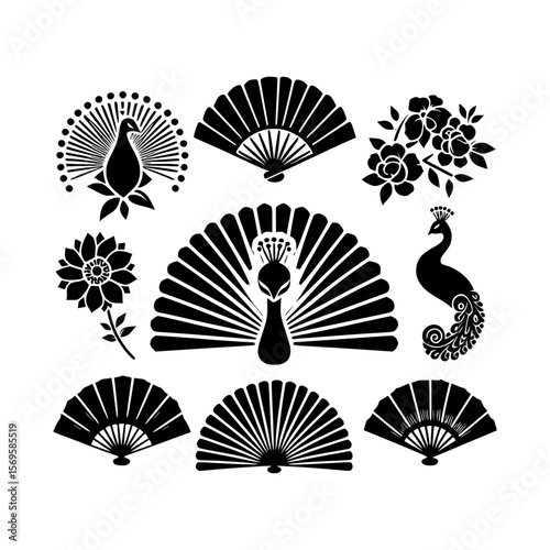 Collection of black silhouette peacock and fan designs with floral elements