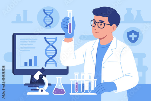 Scientist in laboratory analyzing DNA gene therapy research, holding test tube, studying genetic engineering, disease treatment, biotechnology, medical innovation, data analysis