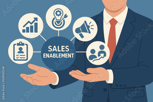 Sales enablement concept, business marketing strategy, technology innovation, strategic sales promotion, efficiency growth, professional management, virtual icons