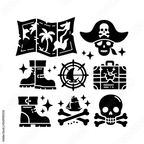 Collection of pirate themed icons including map skull boots ship and treasure chest