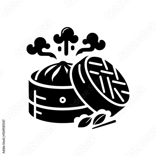 Stylized black and white illustration of steaming dumplings in a bamboo steamer