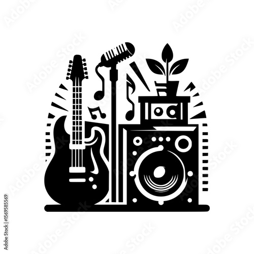 Black and white illustration of musical instruments and sound equipment with plant