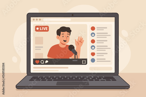 Live Streaming Social Media Broadcast on Laptop Screen, Modern Flat Vector Illustration of Online Video Content Creator, Real-Time Interaction, Digital Communication, Webcast Technology