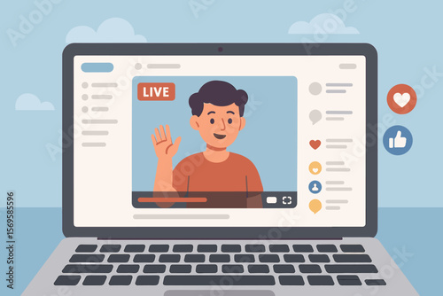 Live streaming social media interaction on laptop screen, online video broadcast, digital communication, audience engagement, modern flat vector illustration, internet technology