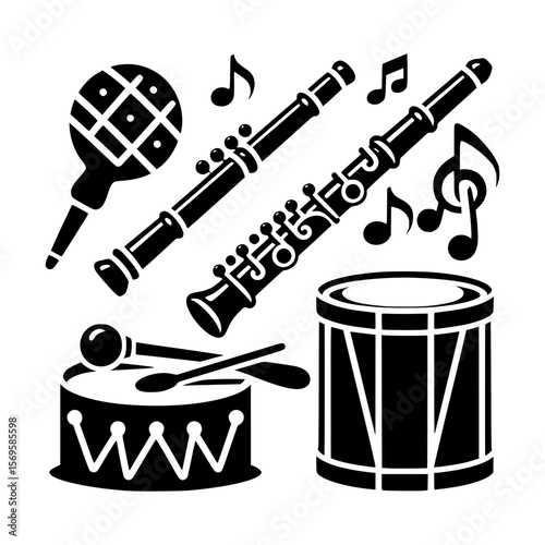Collection of musical instruments and notes in black and white silhouette style