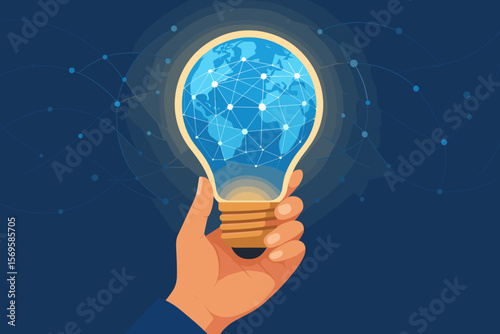 Hand Holding Glowing Light Bulb with Global Network Map, Internet Connection, Innovation, Digital Technology, Business Solutions, Worldwide Communication, Financial Marketing Concept