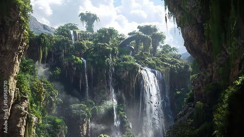 A surreal alien canyon with gravity-defying waterfalls and glowing, vibrant extraterrestrial vegetationalien, canyon, extraterrestrial, surreal, futuristic, colorful, vegetation, gravity, waterfalls, 