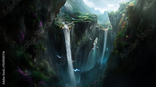 A surreal alien canyon with gravity-defying waterfalls and glowing, vibrant extraterrestrial vegetationalien, canyon, extraterrestrial, surreal, futuristic, colorful, vegetation, gravity, waterfalls, 