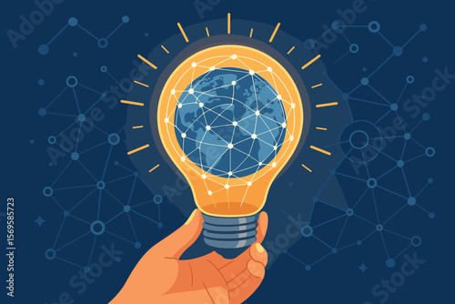 Woman Hand Holding Light Bulb with Global Internet Connection Network Concept, Business Technology Innovation, Digital Marketing, Financial and Banking Technology