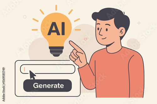 Generative AI concept illustration with user pointing at virtual lightbulb icon, generate button, and command prompt bar, symbolizing artificial intelligence, idea creation, automation
