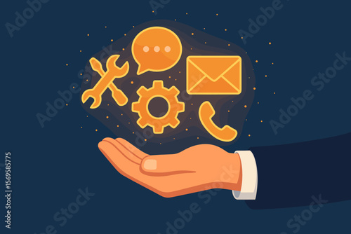 Businessman hand holding glowing icons. 24-7 technical support, IT assistance, and customer service concept. Digital help desk with tools, chat, email, and phone support.