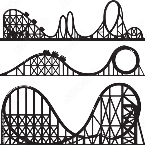 Three Black Silhouette Roller Coaster Track Designs with Cars Amusement Park Ride Vector Illustration